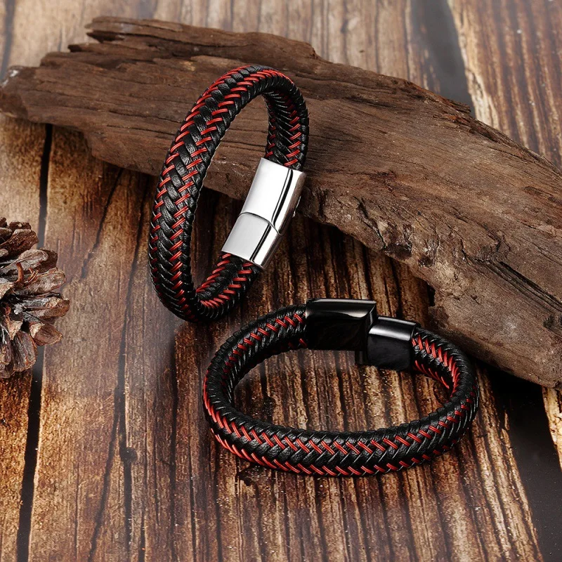 Leather Cord Bracelet Stainless Steel Leather Braided Bracelet Genuine Leather Bracelet Red Bracelet Men