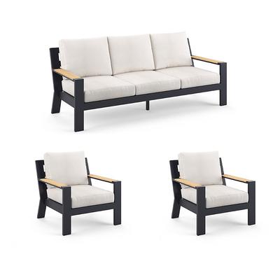 Calhoun 3-pc. Sofa Set with Two Lounge Chairs in Matte Black Aluminum - Standard, Resort Stripe Seaglass - Frontgate