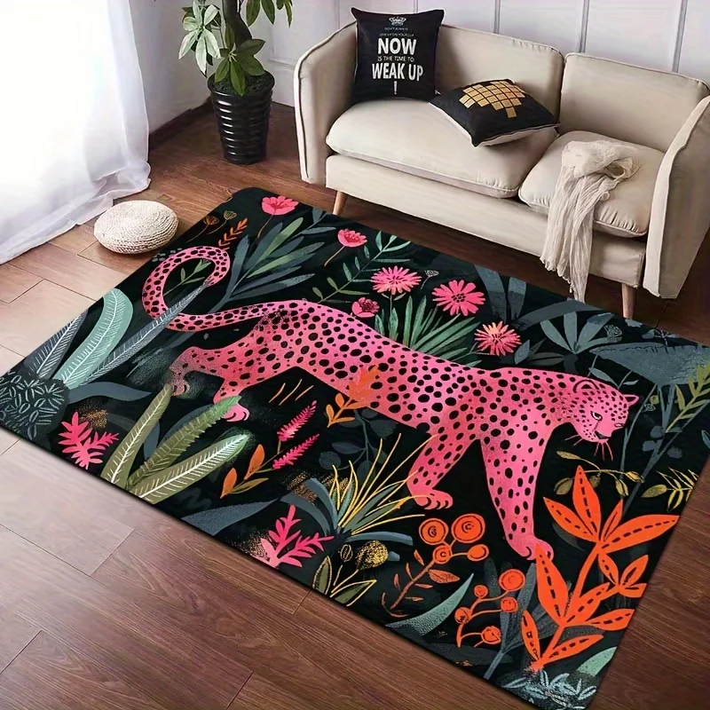 Jungle Pink Leopard Print Area Rugs Machine Washable Carpet for Home Living Room Bedroom and Kitchen Decor Non Slip Floor Mats