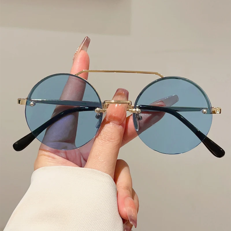 KAMMPT Vintage Runde Sonnenbrille Männer 2025, Neue Mode Randlose Doppel Brücke Shades Frauen Retro Trendy Marke Design Sonnenbrille Image