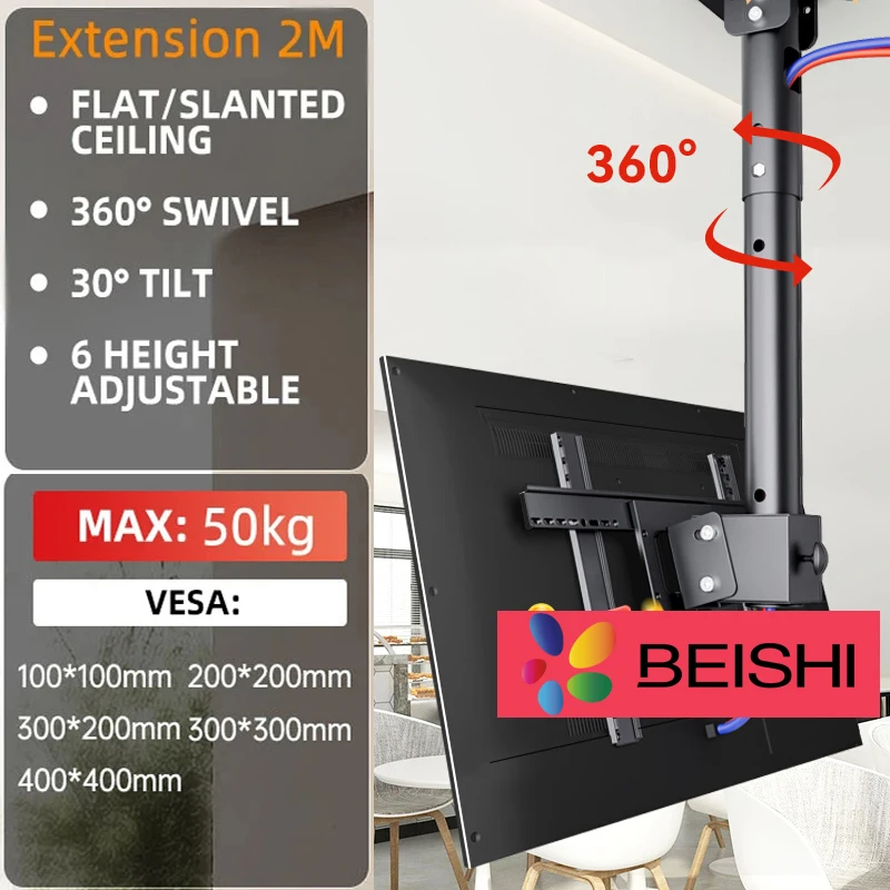 BEISHI TV-Deckenmontage, verstellbare Halterung, passend für die meisten LEDs, LCD-Plasma-Flachbildschirmanzeige von 26 bis 65 Zoll, bis zu 110 Pfund 30 ° Neigung Image