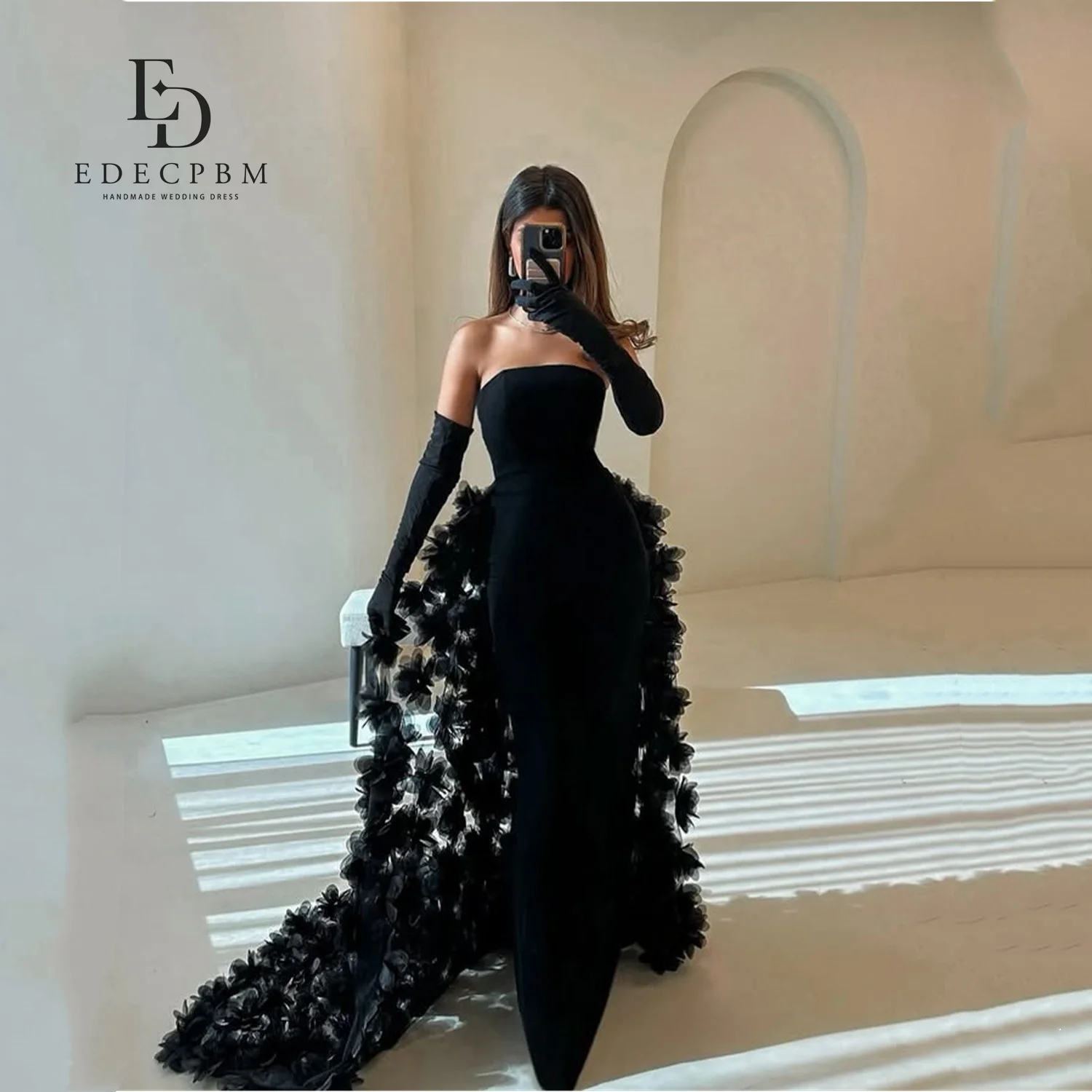 ED Saudi African Mermaid Dress Women Party Black 3D Flowers Tail Dress With Feathers Customized Evening Wedding Prom Events