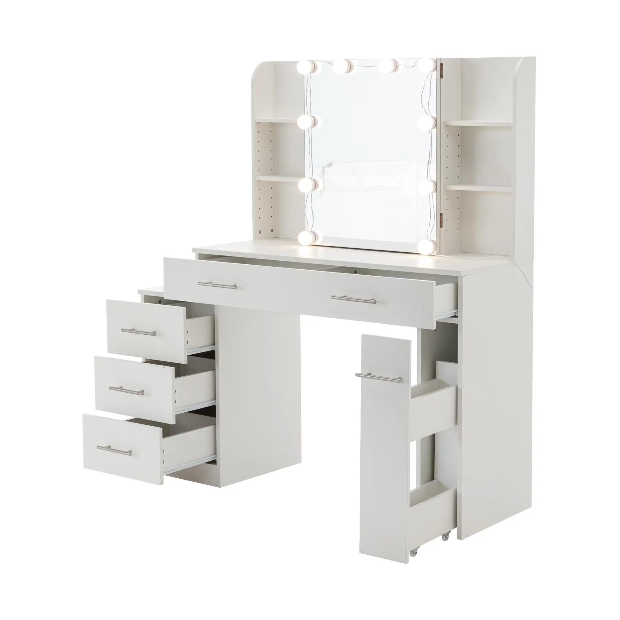 Schminktisch mit Schiebespiegel, 5 Schubladen, offene Regale, Hocker, moderner Schminktisch, Schminktisch, Weiß