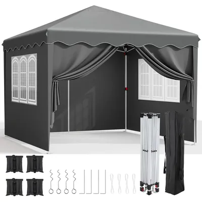Pop Up Canopy with Sidewalls,Outdoor Winter Gazebo, 10'x10'(3x3m) Party Tent, Adjustable Leg Heights, Windows, Wheeled Carry Bag