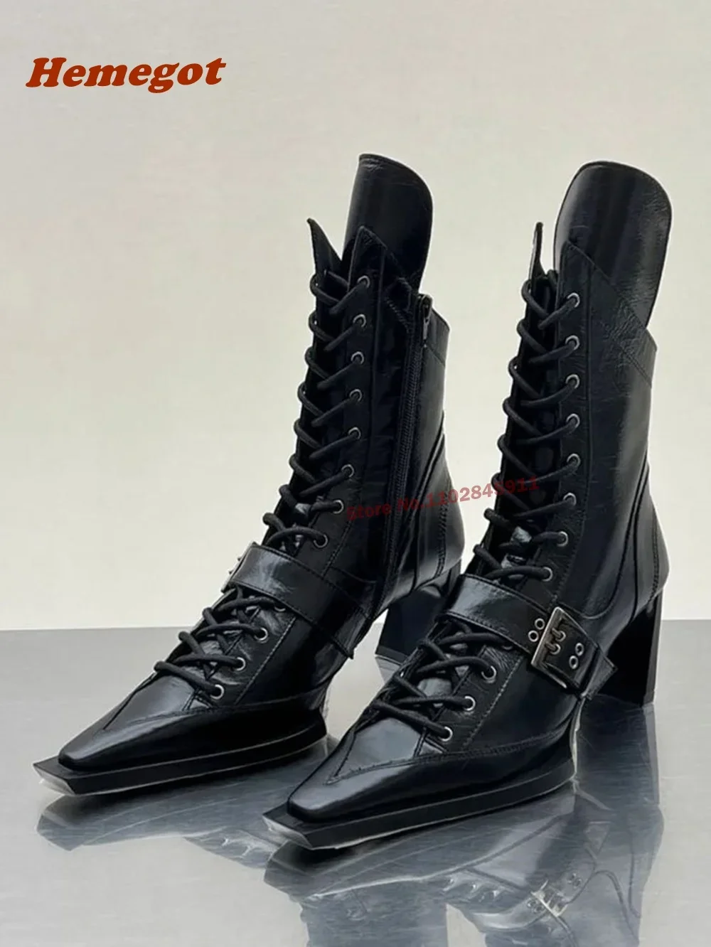 Gürtelschnalle, schwarze Stiefeletten, quadratische Zehen, Kreuzbindung, solide Damenstiefel, Winter, Frühling, 2024, neueste Freizeitschuhe, solider Blockabsatz