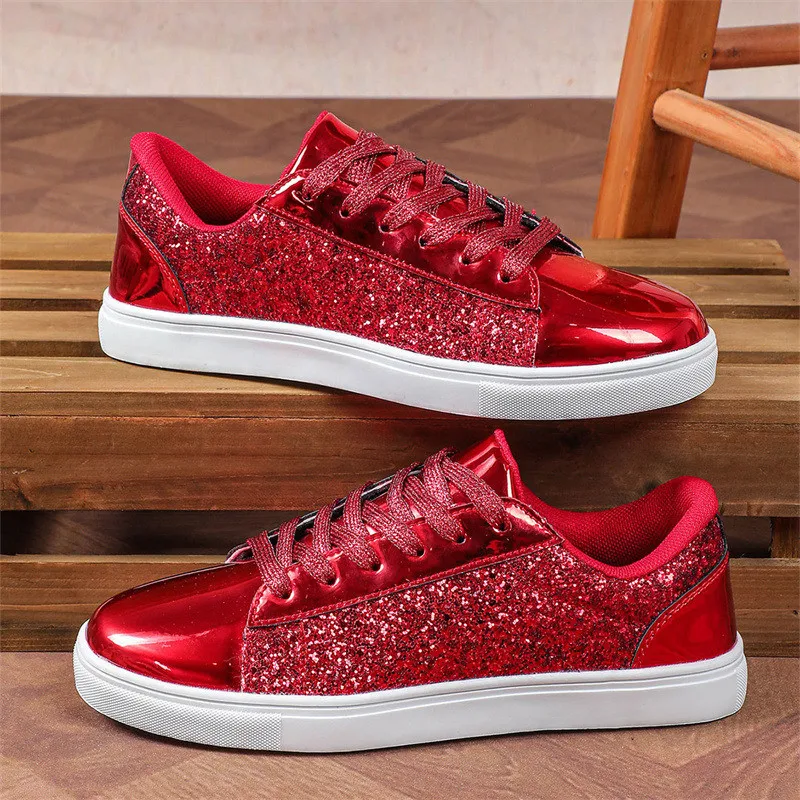 Neue Mode Glitter Leder frauen Flache Schuhe Große Größe 44, Rote Schuhe Frau Komfort Lace-up Casual Dame schuhe Zapatos De Mujer