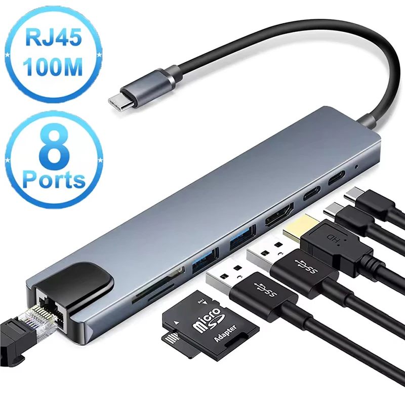 USB 3,0 Hub Für Laptop Adapter PC Computer PD Lade Dock Station RJ45 HDMI-kompatibel TF/SD Karte Notebook typ-C Splitter Image