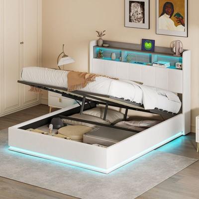 Doppeltes Polsterbett 140x200 cm, hydraulisches Boxspringbett mit LED-Nachttischen, Image