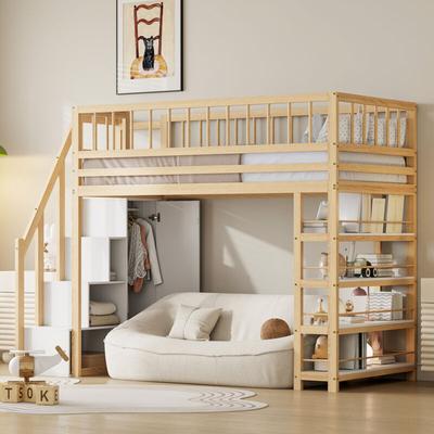 90 x 200 Hochbett, Sicherheitsdesign mit hohem Zaun, Kleiderschrank, Regalen und Stauraum mit Image