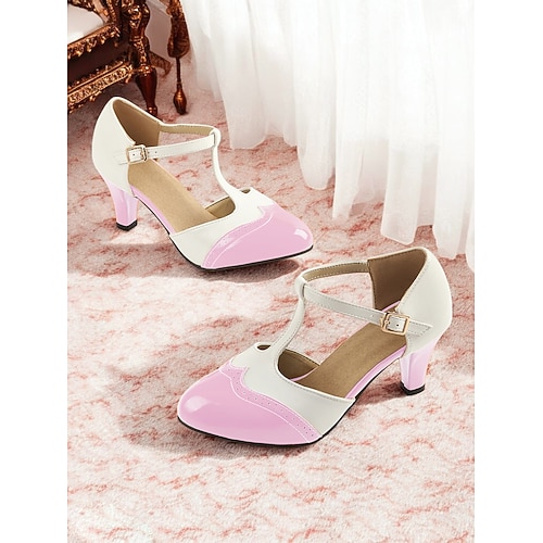Damen-Mary-Jane-Pumps im Vintage-Stil der 1950er mit T-Riemen – zweifarbige Brogue-Schuhe mit niedrigem Absatz für Retro-Partys, das Büro und besondere Anlässe Image