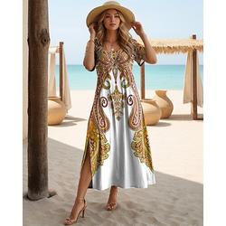 Damen Maxi Kleid Schwarzes Kleid Langarm Boho Kleid Elegant Bohème Urlaub Schmetterlingsärmel Urlaub Strand Regular Fit Floral Grafik Kurzarm Rundhals Maroon Weiß Gelb Hellgrün
