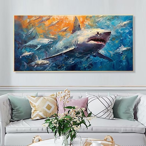 handgefertigtes Ölgemälde auf Leinwand, Wandkunst, Dekoration, abstraktes Meerestierthema, Haie für Zuhause, Kinderzimmer, Dekoration, gerolltes, rahmenloses, ungedehntes Gemälde Image