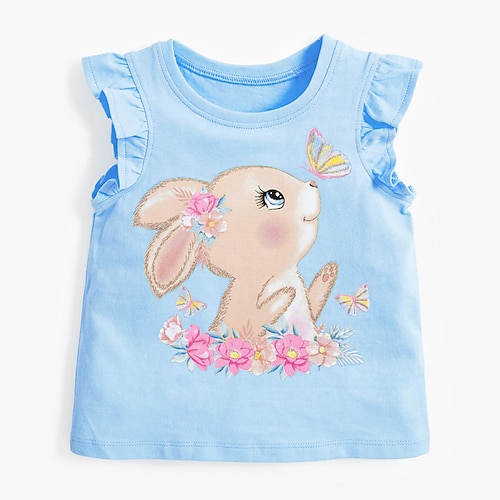kinderkleidung Mädchen Ostern T-Shirt Hase Kaninchen Outdoor Print Ärmellos Rüsche Modisch 4 Jahre Sommer Blau Image