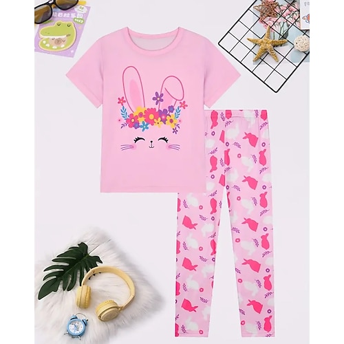 Ostern Mädchen 3D Graphic Hase Kaninchen Pyjama-Sets Pyjama-Sets mit T-Shirt und Hose Kurzarm 3D-Druck Sommer Frühling Aktiv Basic kinderkleidung 4 Jahre Rundhalsausschnitt Heim Täglich Regular Fit Image
