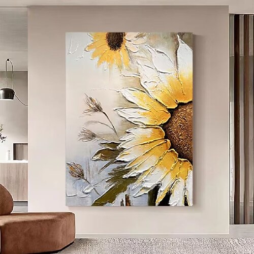 Sonnenblumen Ölgemälde handgemachtes florales weißes und gelbes Kunstwerk Blumen Ölgemälde handgemalt Blumenkunst Gemälde auf Leinwand personalisiertes Kunstgeschenk Ölgemälde für Wohndekoration Image