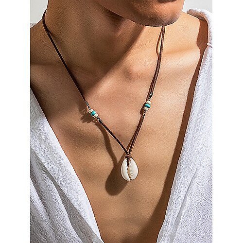 Boho-Halskette aus Kauri-Muschel für Herren – handgefertigter Anhänger aus Lederband mit Perlen, Strandsurfer-Stil, verstellbares Tribal-Halsband für den Sommer, Reisen und die Freizeit Image