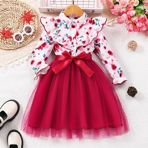 kinderkleidung Mädchen Kleid Blume Langarm Outdoor Casual Krawattenknoten Modisch bezaubernd Polyester Knielang Casual kleid A Linie Kleid Sommer 4 Jahre Rosa Rote Braun Image