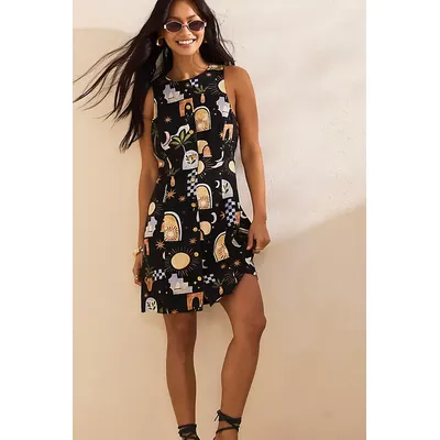 By Anthropologie Ibiza Print Linen-Blend Mini Dress