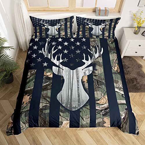 Camouflage USA Flag Duvet Cover Double Size,Green Camo Grey Deer Antlers and Trees Natural Comforter Cover for Adults Kids Bedroom Decor,American Flag Bedding Set 2 Pillowcases,No Comforter