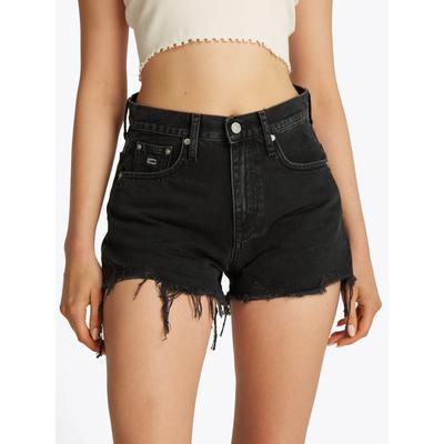Shorts TOMMY JEANS "HOT PANT BI8080", Damen, Gr. 34, N-Gr, schwarz (denim schwarz), Denim/Jeans, Obermaterial: 100% Baumwolle, Destroyed-Effekte, casual, normal kurz, Hosen, im Destroyed-Look
