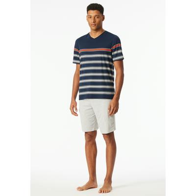 Shorty SCHIESSER "Casual Nightwear", Herren, Gr. 50, blau (804, nachtblau), Single Jersey, Obermaterial: 100% Baumwolle, casual, kurz, V-Ausschnitt, Kurzarm, Homewear-Sets, Shirt mit V-Ausschnitt und platzierten Ringeln Image