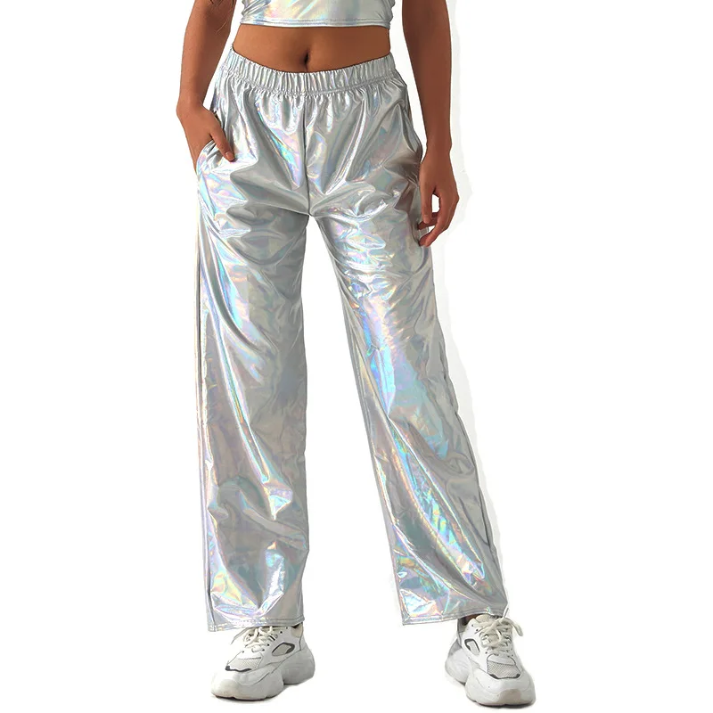 Frauen Glänzende Hip Hop Hosen Laser Metallic Wetlook Breite Bein Hosen Retro Disco Hippie Club Dünne Schlaghosen Streetwear Erwachsene