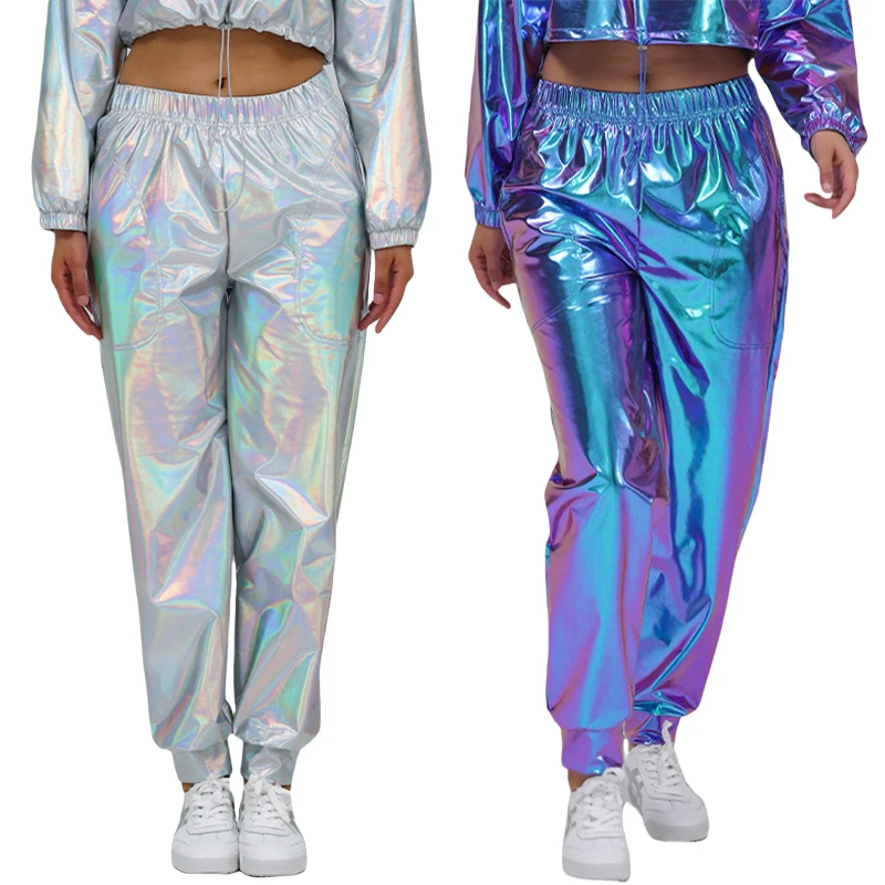 Frauen Holographische Hip Hop Kunstleder Metallic Lose Breite Bein Party Jazz Kostüm Cosplay Glänzende Street Dance Hosen Für Erwachsene