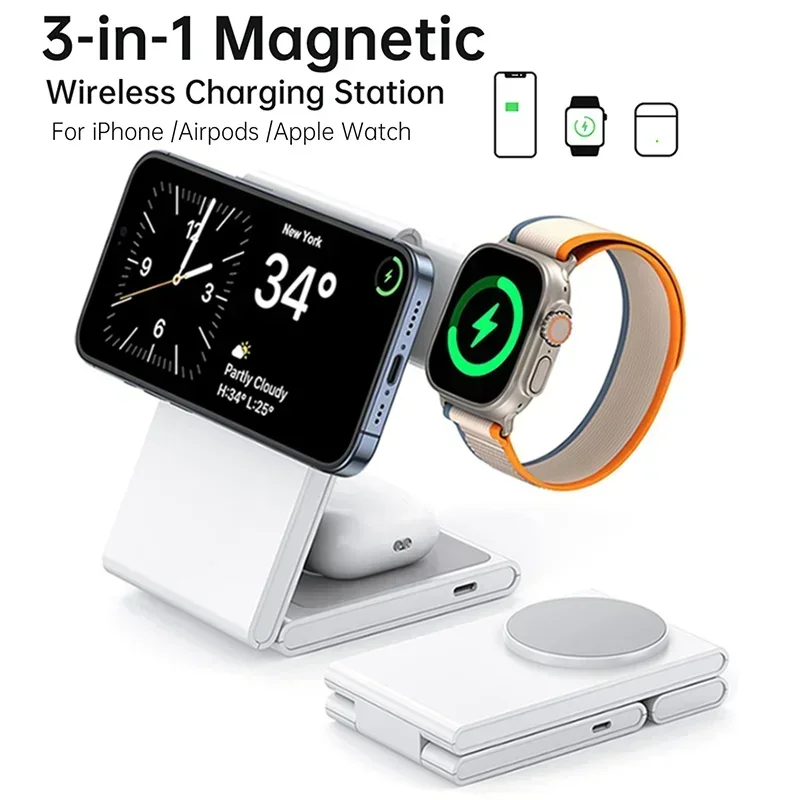 3-in-1 faltbares kabelloses Ladegerät, Schnellladestation für iPhone 15 14, Halter, magnetischer Ladeständer, Dock für Apple Watch S8/7 Image