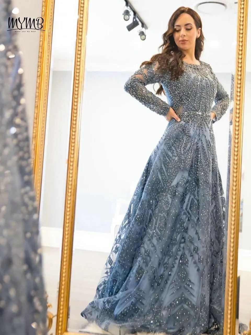 Mymb blau lange Ärmel a-Linie Perlen Spitze elegantes Party kleid für Hochzeits gast arabisch bescheiden Rundhals ausschnitt muslimischen Abend Gonws