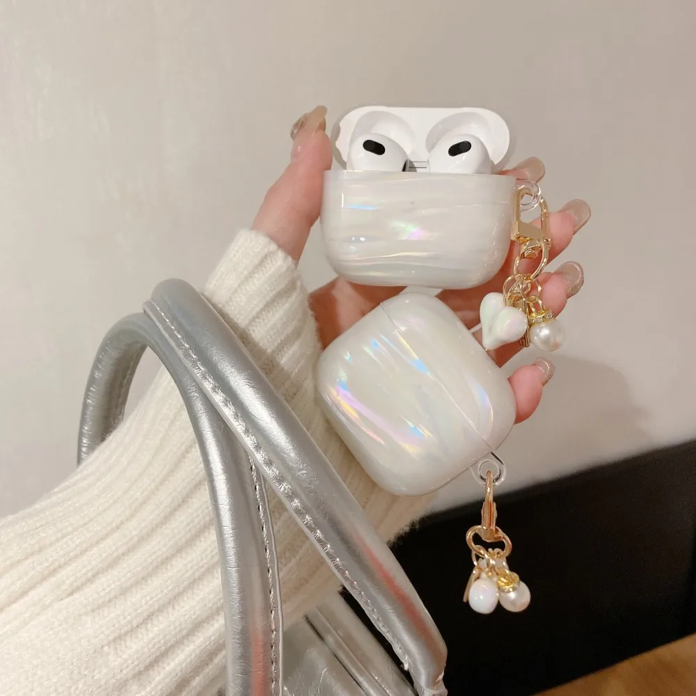 Schillernde Herz-Anhänger-Abdeckung für AirPods 4, 3, 2, 1, Pro2-Hülle für Apple Airpods 4, 4. Pro 2, 2. Generation, Muschelmuster, Kopfhörerhüllen Image
