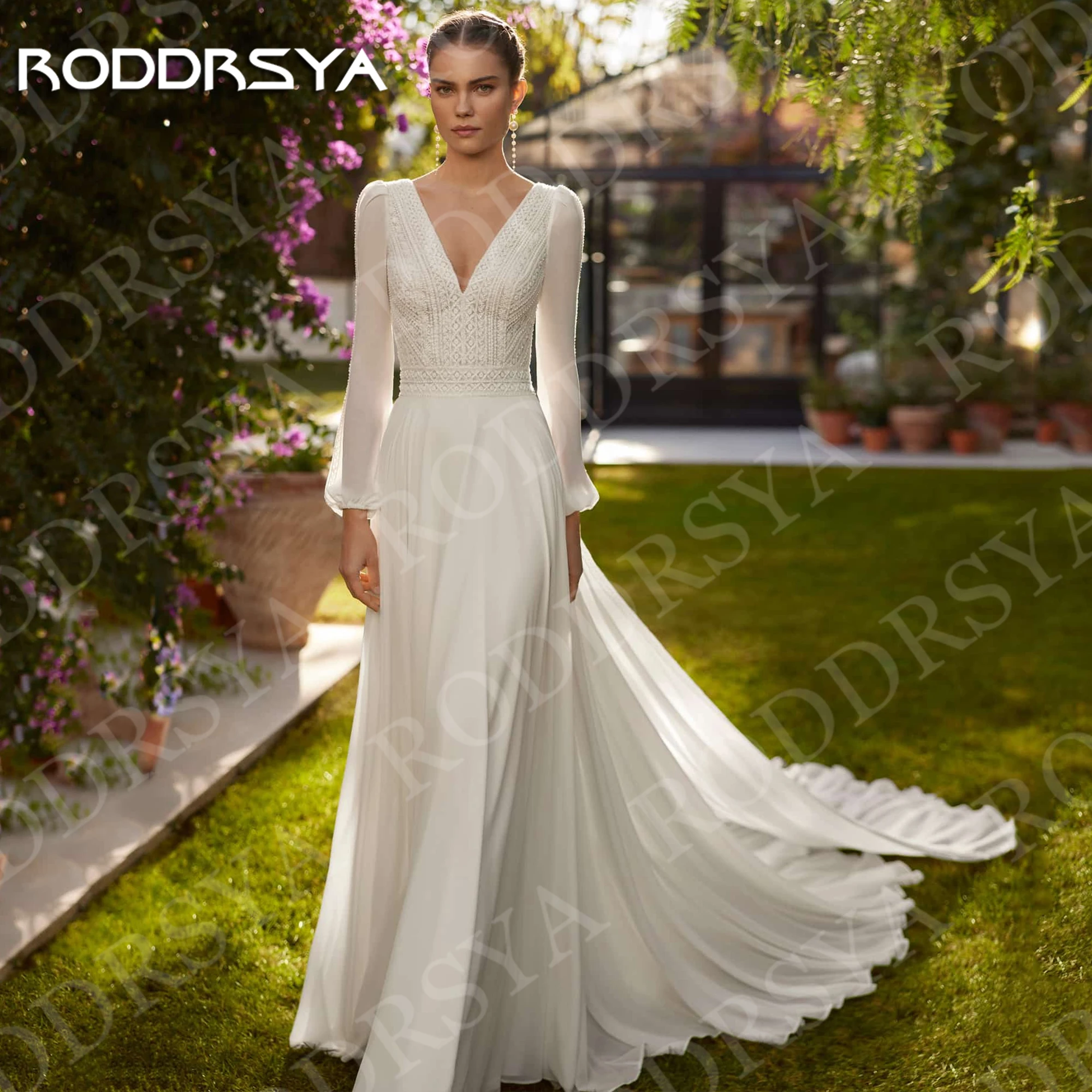 Roddrsya elegante Boho Chic Brautkleider V-Ausschnitt Langarm Spitze Illusion zurück Brautkleid abnehmbaren Zug eine Linie angepasst Elegante Boho Chic Brautkleider V-Ausschnitt Langarm Spitze