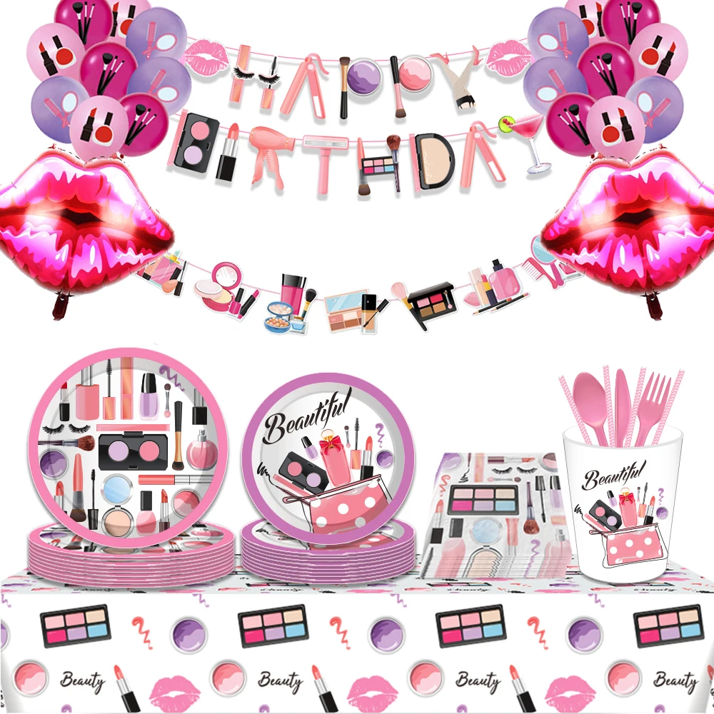 Spa Make Up Partyzubehör, Kosmetik, Einweggeschirr, Teller, Tassen, Servietten, Luftballons für Mädchen und Frauen, Geburtstagsparty-Dekoration Image