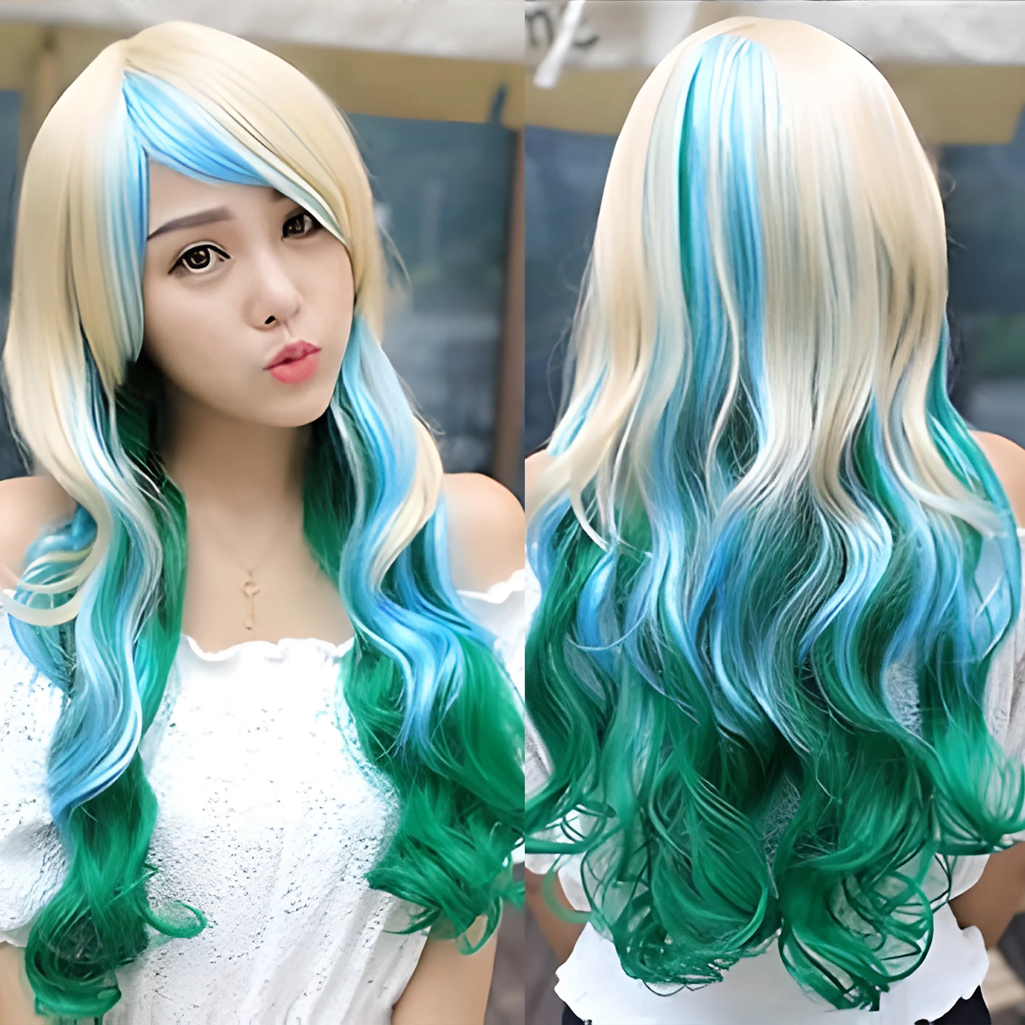 Soowee Kunsthaar, lange lockige weiße, blaue, grüne Perücke mit Pony, Kostüm-Lolita-Perücken für Frauen Image