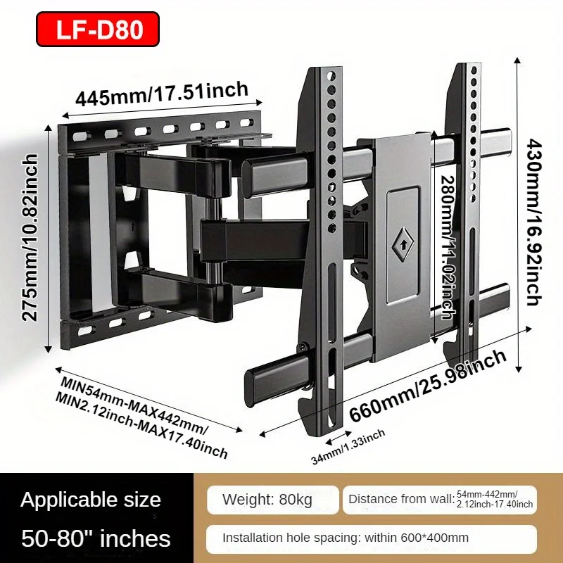 Verstellbare, an der Wand montierte TV-Halterung, faltbar, teleskopisch, universell, fest, 32–70/80, im TV-Rahmen, Neigungsstretch, VESA 600 x 400 mm, max. 50 kg Image