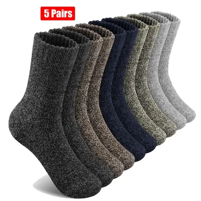 5 Pairs Wool Socks Mens Thermal Hiking Socks Warm Winter Socks Soft Crew Socks Cotton Socks Against Cold US 7-13