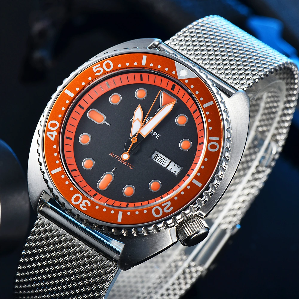 Parnsrpe Taucher Herren uhr orange Zifferblatt Saphirglas Japanisch nh36 Uhrwerk Automatik werk Tag Datum Anzeige 09 Image