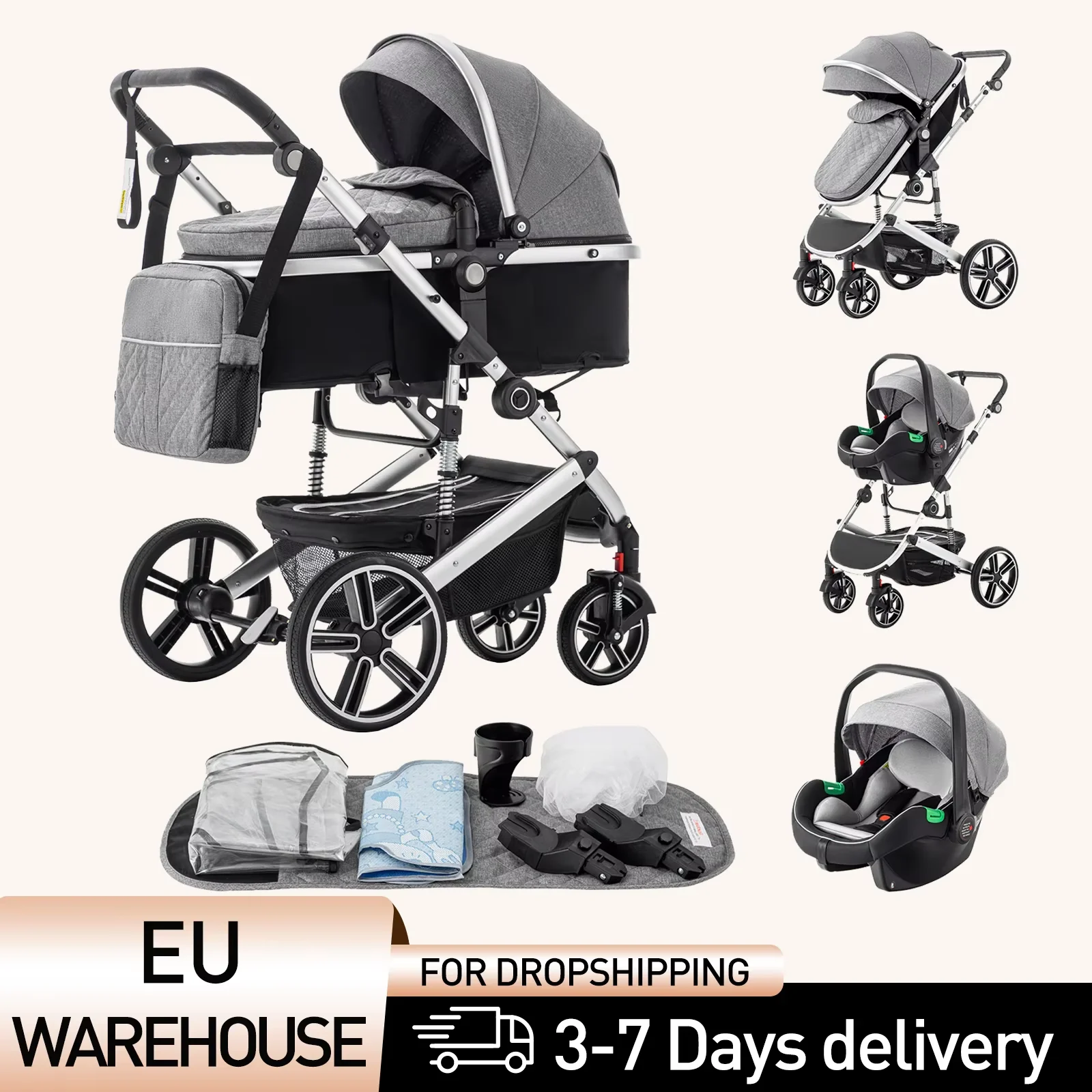 Kinderwagen 3-in-1 luxuriöser tragbarer Reise-Kinderwagen, zusammenklappbarer Kinderwagen, hoher Landschafts-Aluminiumrahmen, Kinderwagen für Neugeborene