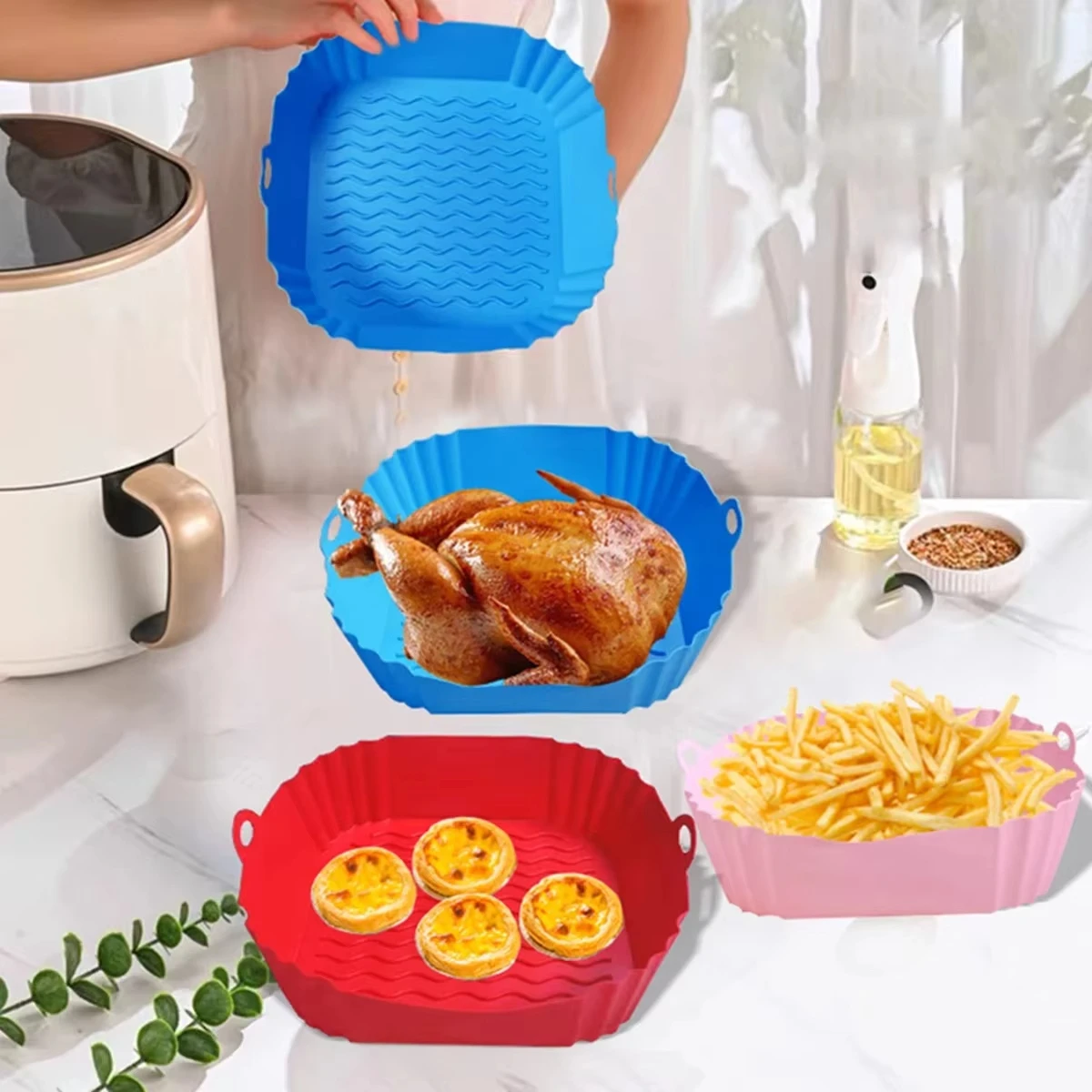Silikon Air Fryer Topf Tablett Lebensmittel Sicher Wiederverwendbare Platz BBQ Grill Pad Platte Airfryer Ofen Backform Korb Pfanne für Küche Image