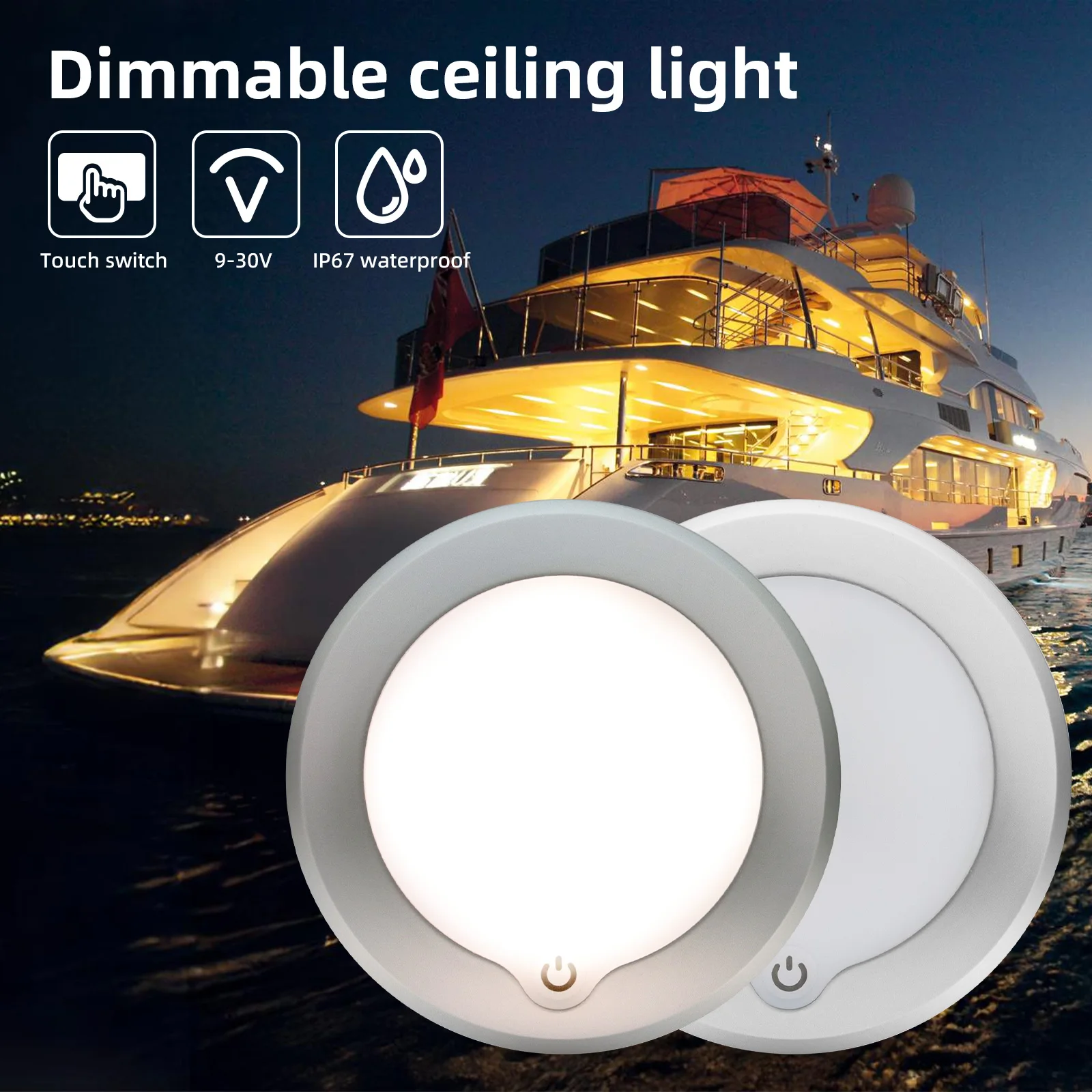 Dimmbare LED-Deckenleuchte für Wohnmobile, Boote, 12 V, 24 V, Wohnmobil, Wohnwagen, Marine, Innenbeleuchtung mit Touch-Dimmerschalter, Innen-Down-Lampe, 8 W Image