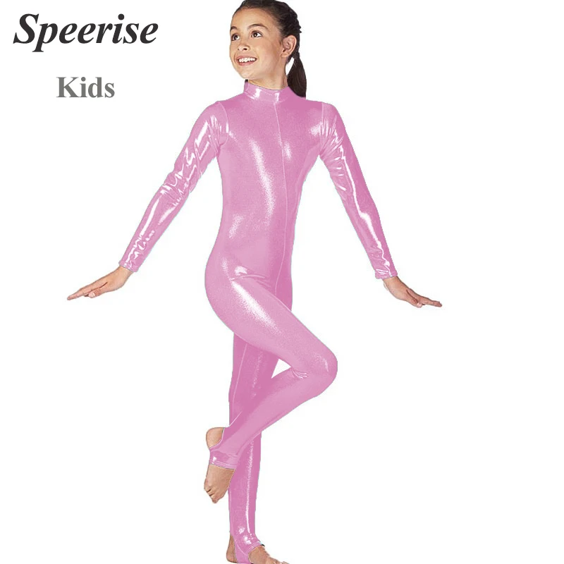 Kinder Shiny Metallic Spandex Langarm Hochgeschlossener Tanzanzug Steigbügel Bodys Catsuits Ganzanzug für Gymnastik Trikot Image
