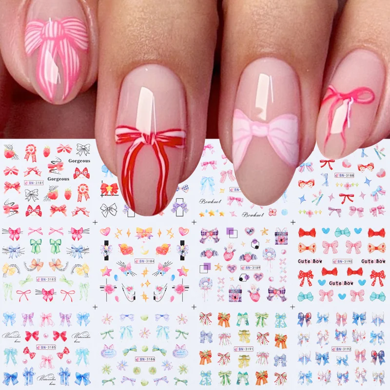12 Stück bunte Schleife Nagel Wasser Aufkleber Aquarell Schleife Designs Abziehbilder Valentinstag Nail Art Dekorationen Folien Maniküre Wraps Image