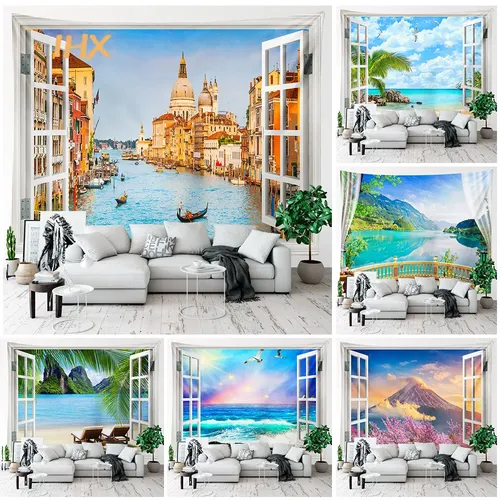 Tapisserie de fenêtre paysage forêt de montagne Boho Hippie paysage esthétique tapisserie tenture