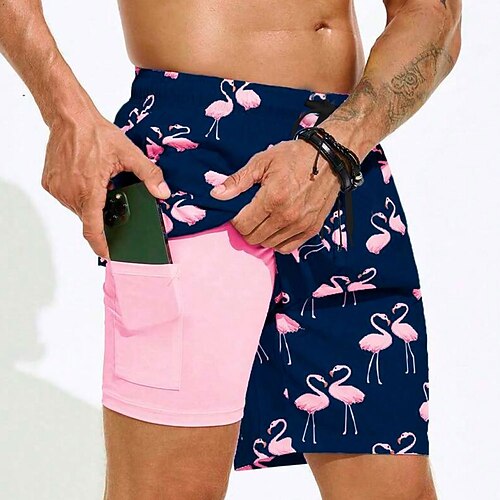 Herren Flamingo Vogel Gefütterte Shorts 2 in 1 Badeshorts Badeshorts Mittlere Taille Hawaiianisch Urlaub Ferien Strandbekleidung Seitentaschen Mit Kompressionsfutter Elastischer Kordelzug in der Image