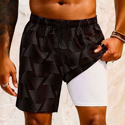 Herren Geometrisch Tupfen Gefütterte Shorts 2 in 1 Badeshorts Badeshorts Mittlere Taille Hawaiianisch Urlaub Ferien Strandbekleidung Seitentaschen Mit Kompressionsfutter Elastischer Kordelzug in der Image