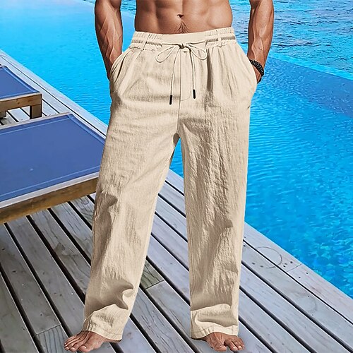 Herren Leinenhosen Hose Sommerhose Strandhose Kordelzug Tasche Elastischer Bund Einfach Komfort Atmungsaktiv Täglich Strand Urlaub Hawaiianisch Boho Weiß Khaki Image