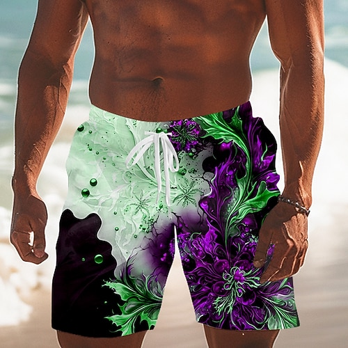 Herren Blumendruck Blende Farbe Blumen Badeshorts Boardshorts Mittlere Taille Tropisch Streetwear Hawaiianisch Urlaub Kordelzug Netzfutter Elastischer Bund Designer Bekleidung Image