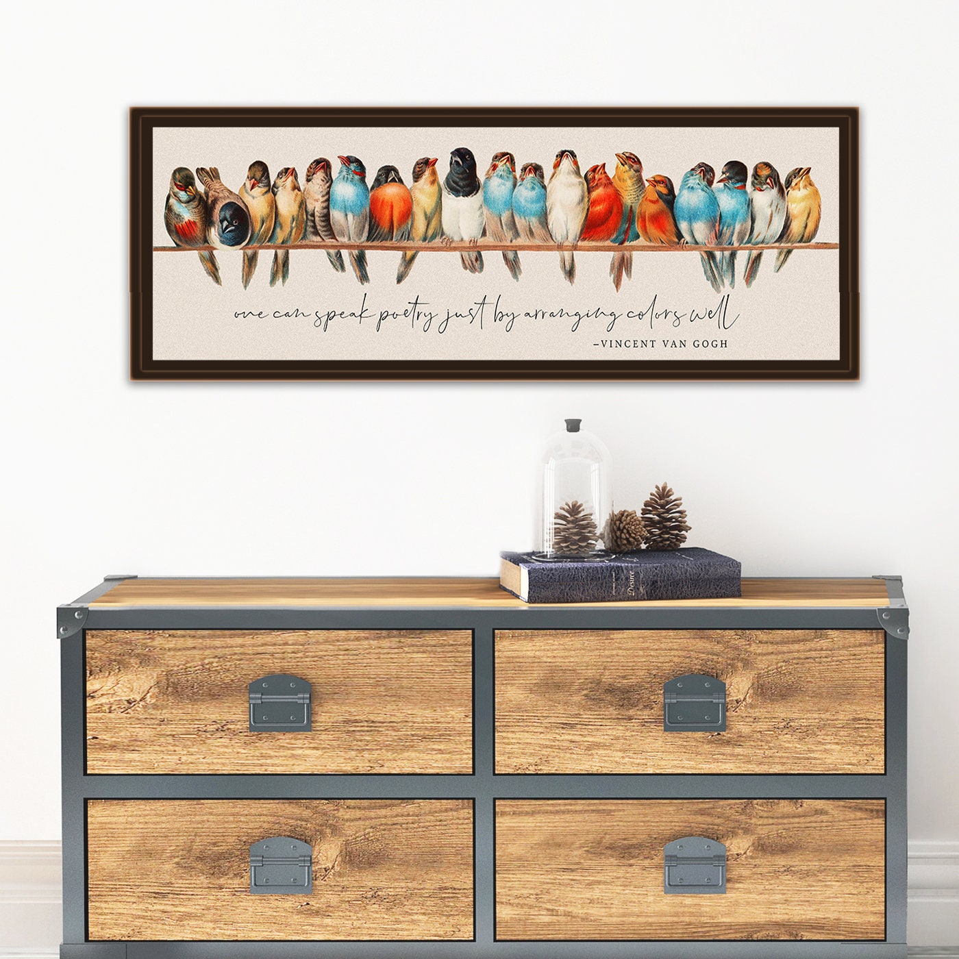 Quadro con uccelli su un filo, Opera d'arte con uccelli, Stampa artistica con uccelli, Stampa con uccelli incorniciata, Decorazione con uccelli, Regal