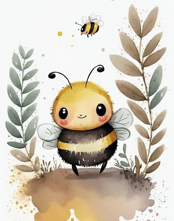 Simpatico cartone animato di ape, stampabile, arte digitale in stile cartone animato, acquerello, decorazioni per bambini, download istantaneo, decora