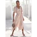 Maxikleid LASCANA, Damen, Gr. 38, N-Gr, beige (sand, beige bedruckt), Satin, Obermaterial: 100% Polyester, bedruckt, animal-print, modisch, figurumspielend knöchellang, tiefer V-Ausschnitt, Kurzarm Fledermausärmel, Kleider, mit Animalprint, luftiges...
