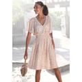 Sommerkleid LASCANA, Damen, Gr. 34, N-Gr, beige (sand, beige bedruckt), Satin, Obermaterial: 100% Polyester, bedruckt, animal-print, modisch, figurumspielend kniebedeckend, tiefer V-Ausschnitt, Kurzarm Fledermausärmel, Kleider, mit Animalprint und...